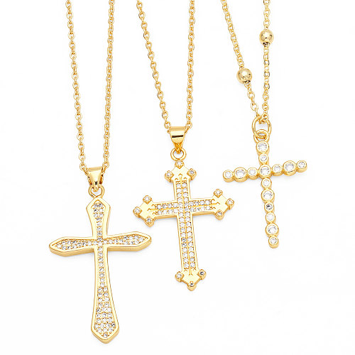 1 Piece INS Style Cross Copper Plating Inlay Zircon 18K Gold Plated Pendant Necklace