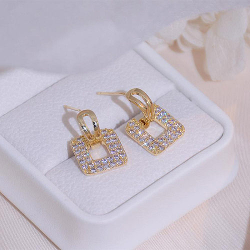 1 Paar elegante, glamouröse, glänzende, quadratische Ohrhänger mit Inlay aus Kupferzirkon und 14-Karat-Vergoldung