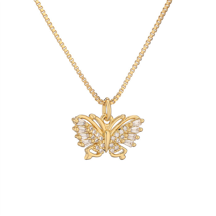 Collar con colgante chapado en oro con incrustaciones de cobre y mariposa en forma de corazón estilo Simple estilo IG