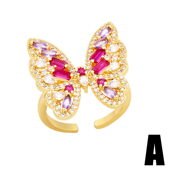 Fashion Leaves Butterfly Copper Gold Plated Zircon Open Ring 1 Piece