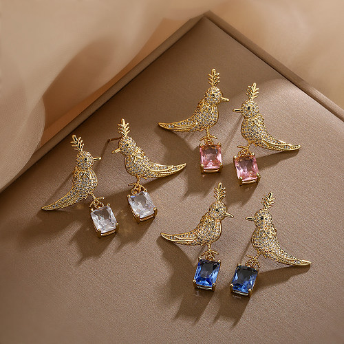 1 Paar elegante Damen-Ohrringe mit Vogel-Beschichtung, Kupfer-Zirkon, 18 Karat vergoldet