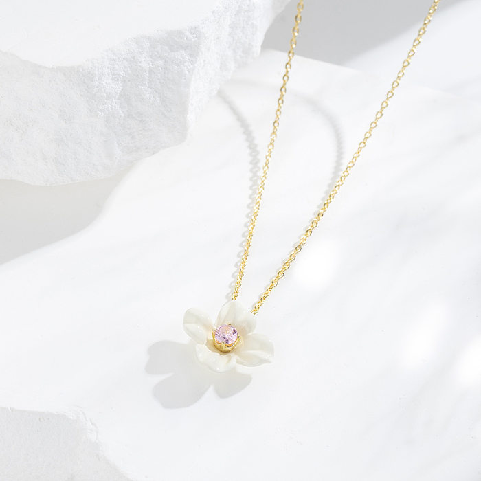 Sweet Flower Copper Enamel Inlay Artificial Gemstones Pendant Necklace
