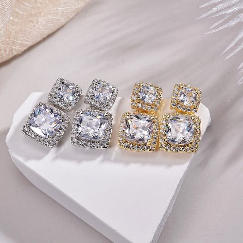 1 Pair Elegant Basic Lady Square Inlay Copper Zircon Ear Studs