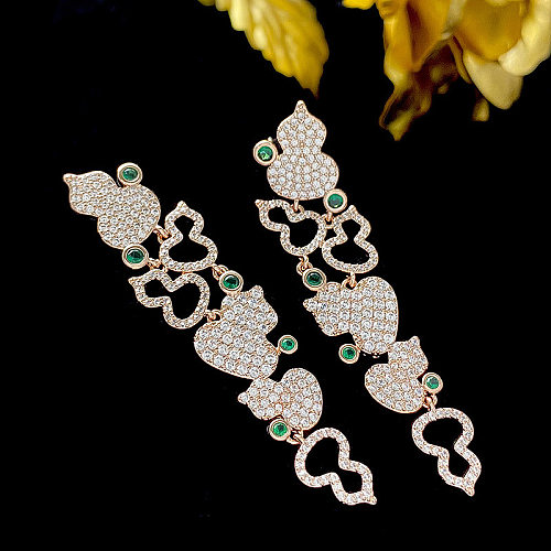 1 Pair Shiny Gourd Hollow Out Inlay Copper Zircon Drop Earrings