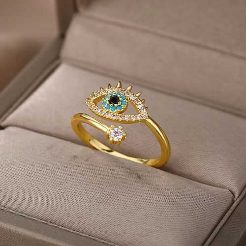 Casual Simple Style Devil'S Eye Copper Plating Hollow Out Inlay Zircon Gold Plated Open Ring