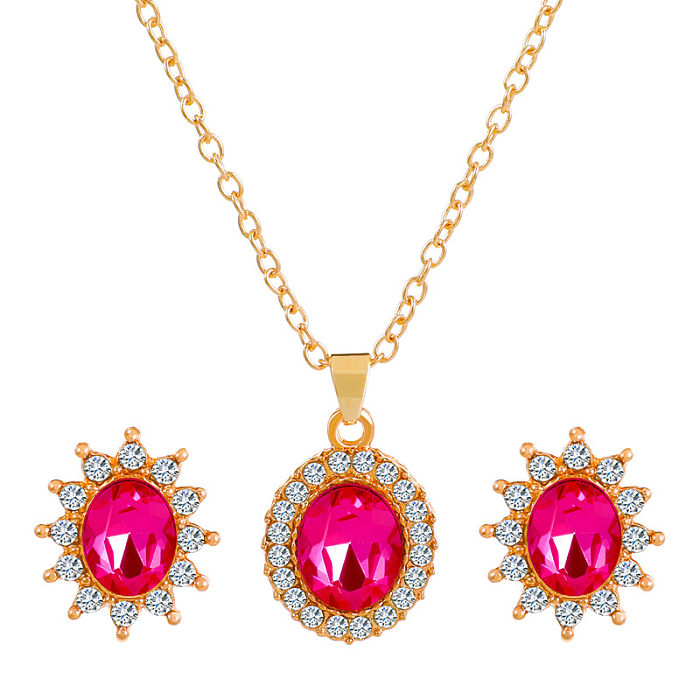 1 Set Fashion Oval Water Droplets Copper Inlay Artificial Rhinestones Zircon Women'S Earrings Necklace