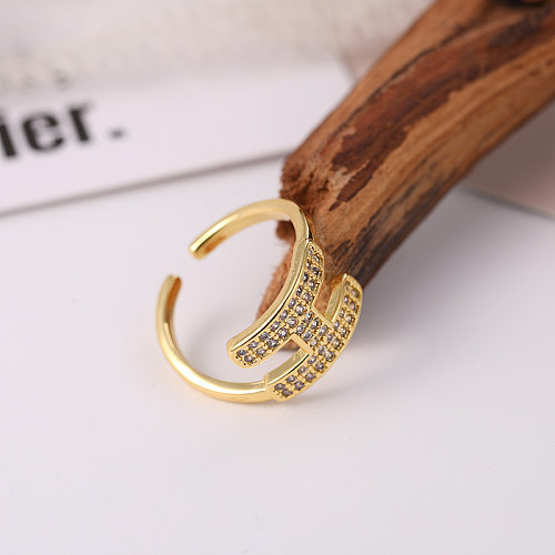 Simple Style Letter Copper Inlay Zircon Open Rings