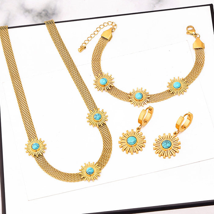 Style classique fleur titane acier placage incrustation Turquoise Bracelets boucles d'oreilles collier