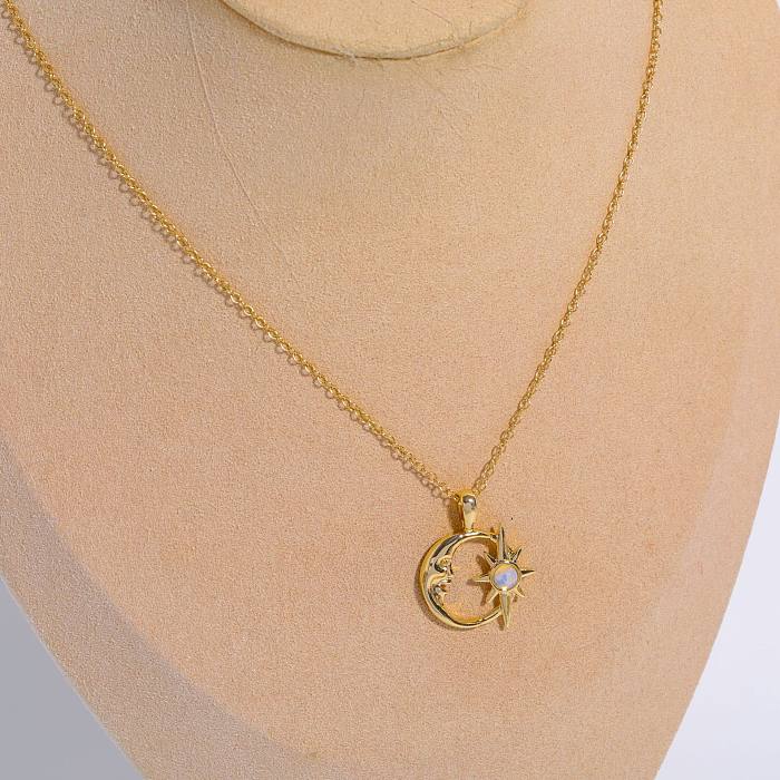 Collier pendentif rétro étoile lune cuivre plaqué or opale en vrac