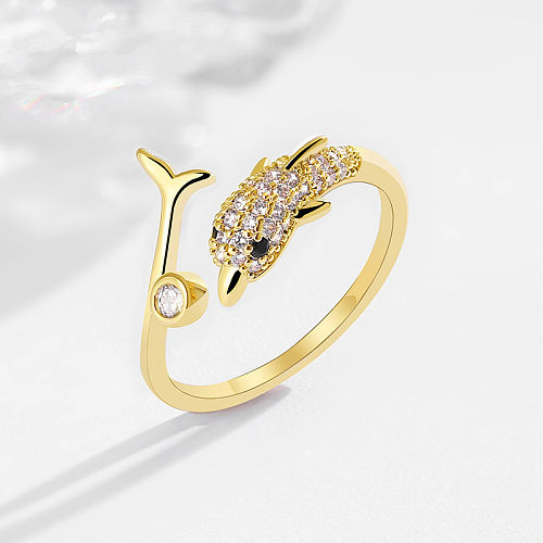 1 Piece Simple Style Dolphin Copper Inlay Zircon Open Ring
