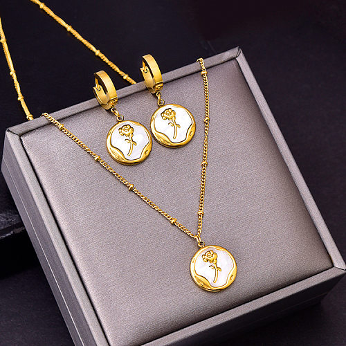 Vintage Style Flower Titanium Steel Plating Inlay Shell Earrings Necklace Jewelry Set