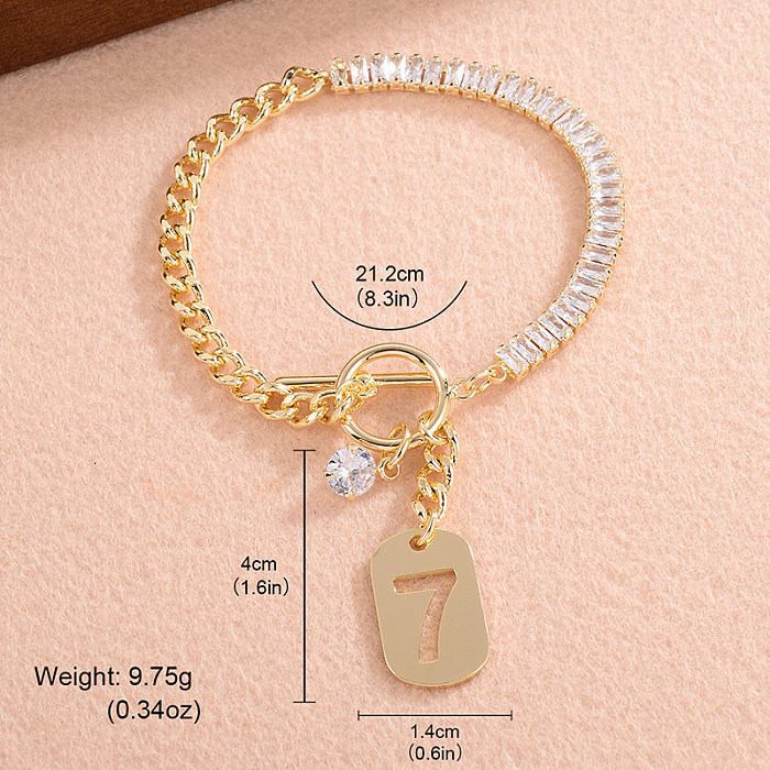 Simple Style Number Copper Plating Inlay Zircon 14K Gold Plated Bracelets