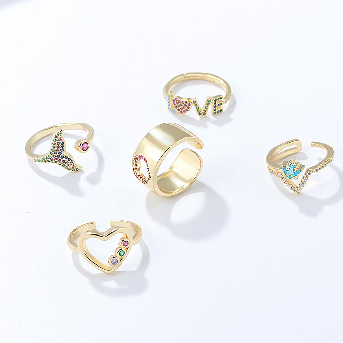 Fashion Love Chevron Heart Shape Copper Rings Plating Diamond Zircon Copper Rings