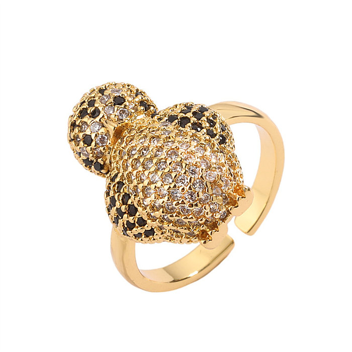 Luxuoso pinguim animal urso chapeamento de cobre incrustado zircão anéis abertos banhados a ouro