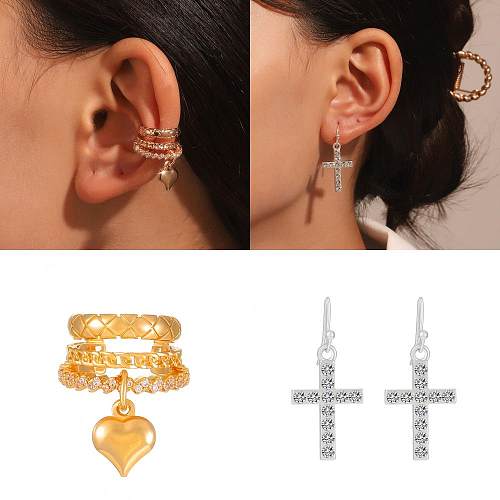 Fashion Cross Heart Shape Copper Plating Artificial Diamond Earrings 1 Pair