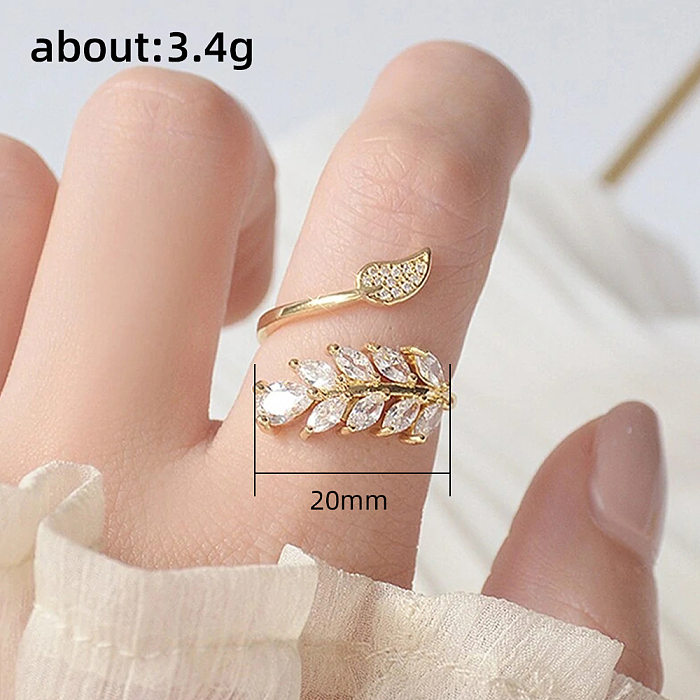 Fairy Style Leaf Copper Inlay Zircon Open Ring