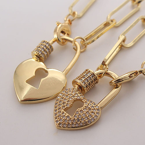 Estilo vintage streetwear forma de coração bloqueio cobre polimento chapeamento incrustação zircão 18k banhado a ouro pingente colar