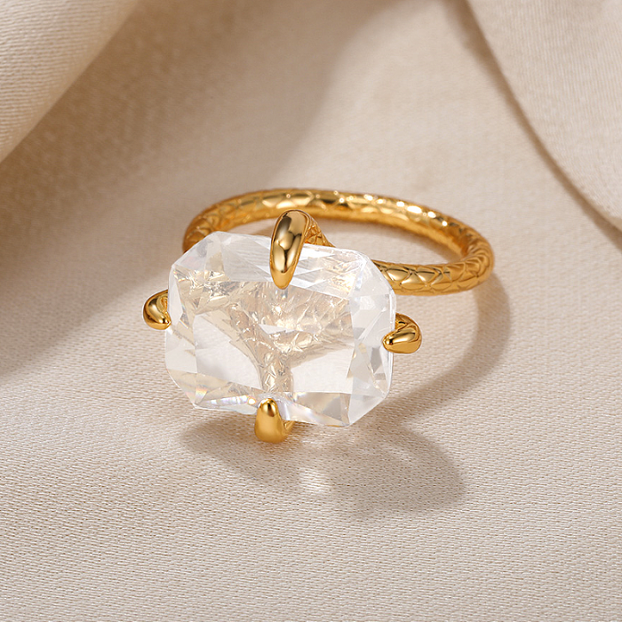 Großhandel übertriebene, schlichte, rechteckige Ringe aus Edelstahl mit Inlay und 18 Karat vergoldeten künstlichen Kristallen