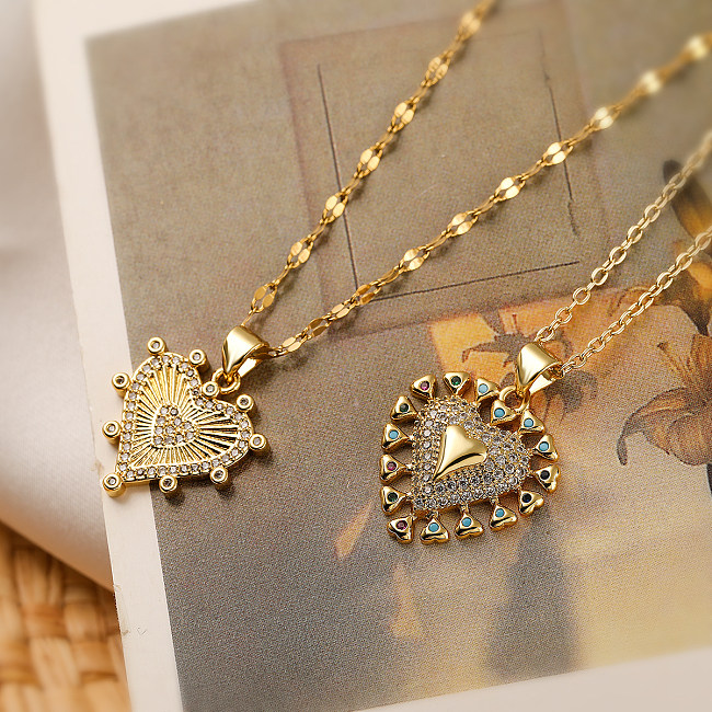 Elegante estilo simples forma de coração chapeamento de cobre incrustação zircão colar com pingente banhado a ouro 18K