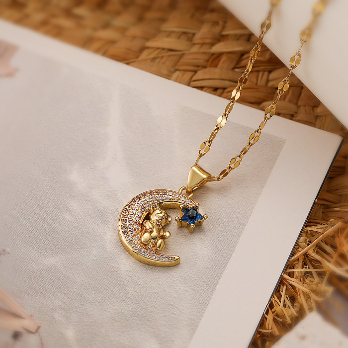 Commute Little Bear Stainless Steel Copper Plating Inlay Zircon 18K Gold Plated Pendant Necklace