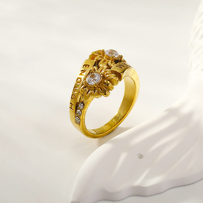 Senhora estilo francês carta flor titânio chapeamento de aço incrustação anéis de diamante artificial