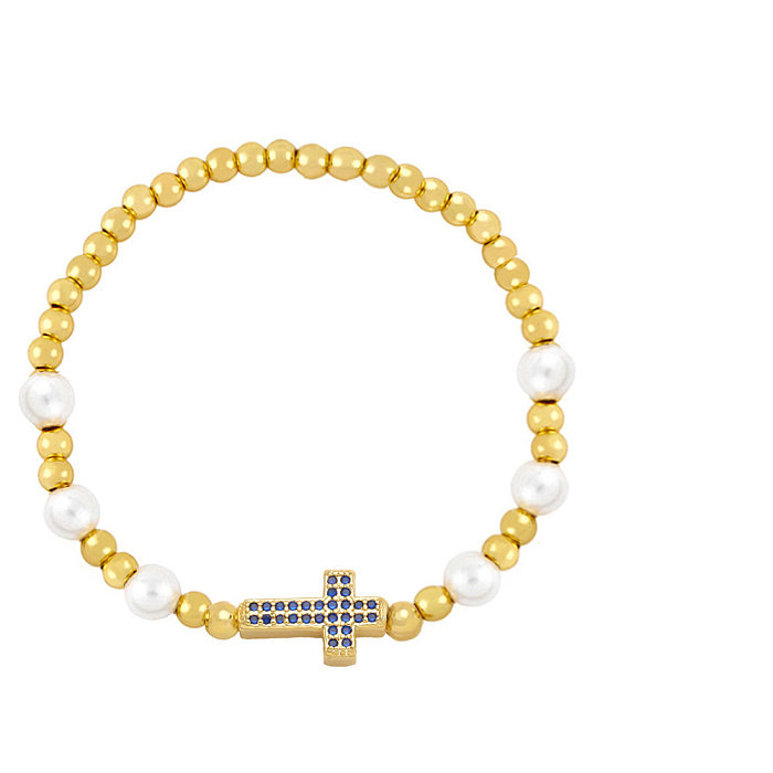 Fashion Cross Copper Bracelets Beaded Pearl Gold Plated Zircon Copper Bracelets
