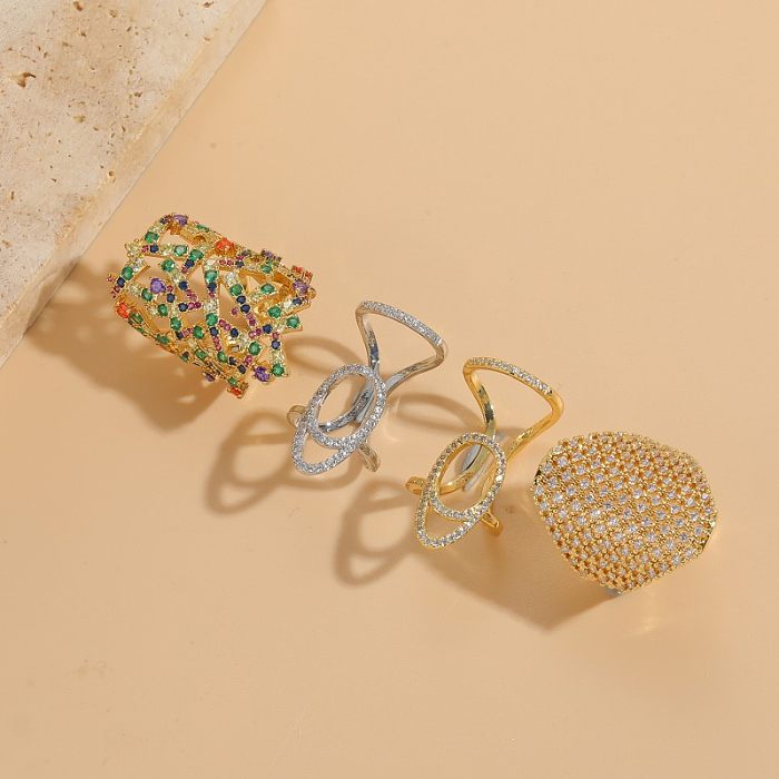 Elegant Luxurious Classic Style Geometric Copper Plating Inlay Zircon 14K Gold Plated Open Rings