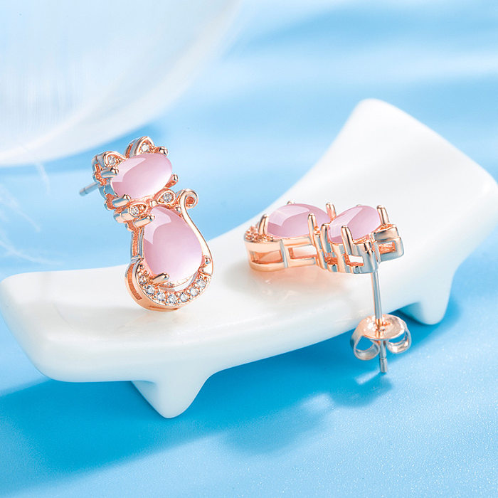 Boucles d'oreilles chat en cristal rose coréen, diamant féminin, chat mignon en cuivre, vente en gros
