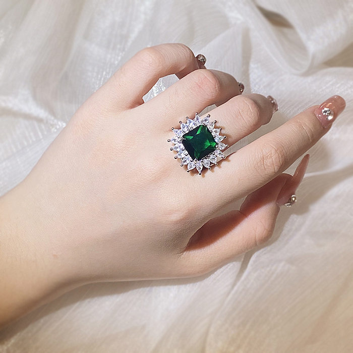 Classic Style Square Copper Plating Inlay Artificial Gemstones Open Rings