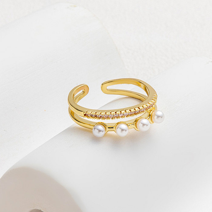 Anillo abierto de cobre de Color sólido a la moda con incrustaciones de perlas y circón anillos de cobre