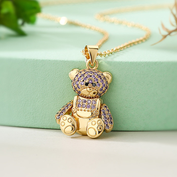 Niedliche kleine Bären-Anhänger-Halskette mit 18-karätigem vergoldetem Zirkon-Inlay und Kupferbeschichtung