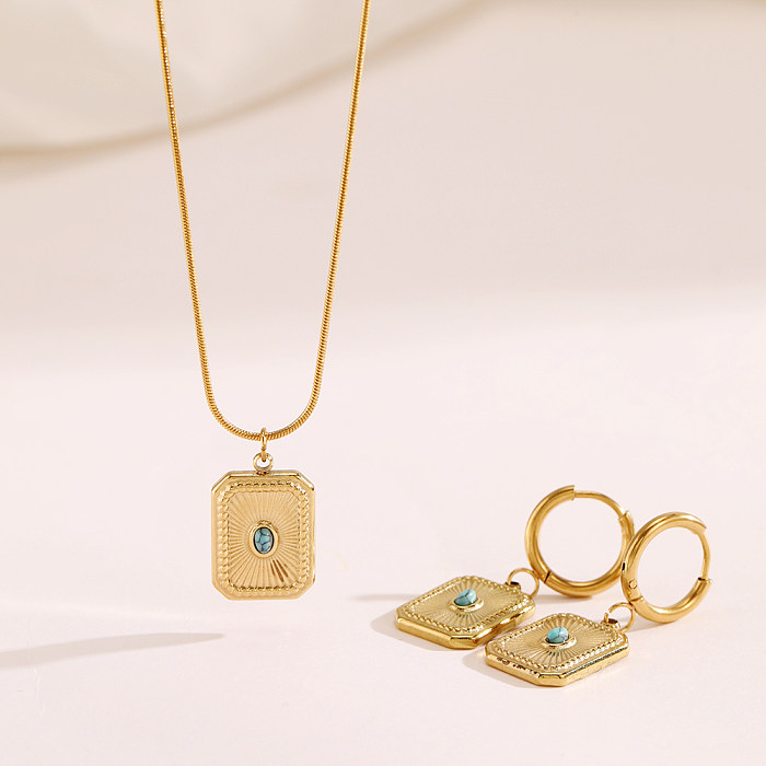 Simple Style Rectangle Stainless Steel Inlay Turquoise 18K Gold Plated Earrings Necklace