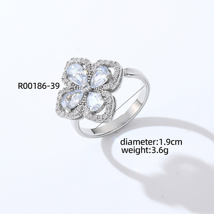 Casual Simple Style Heart Shape Flower Copper Plating Inlay Zircon White Gold Plated Open Rings