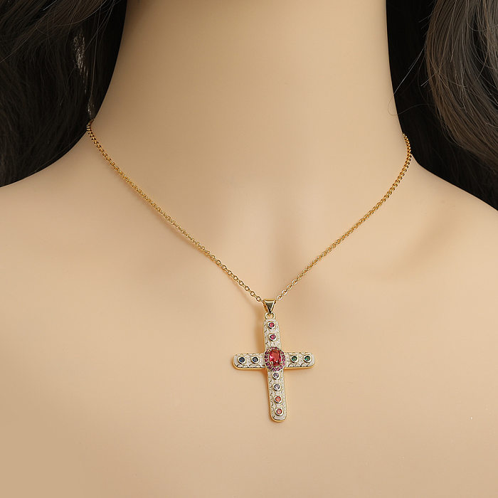 Collier pendentif croix en cuivre avec strass, Style Simple, en vrac