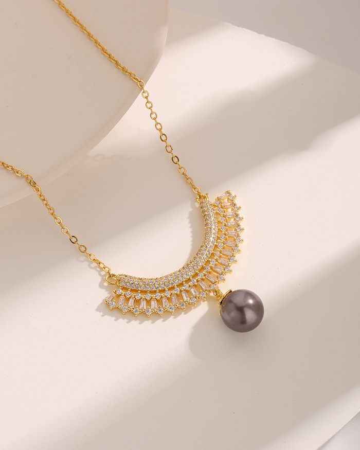 Collar con colgante de circonio chapado en oro de 18 quilates, flor de estilo francés lujoso, estilo vintage, perla artificial, cobre, a granel