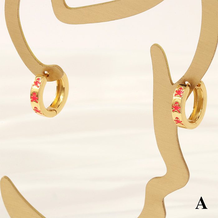 1 Paar Retro-Schädel-Ohrringe mit Fischgräten-Emaille-Beschichtung, Kupfer, 18 Karat vergoldet, schlichter Stil