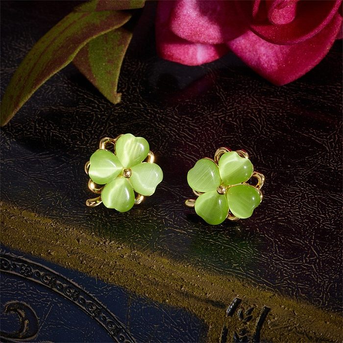 Sweet Simple Style Four Leaf Clover Copper Inlay Opal Rings Earrings Necklace