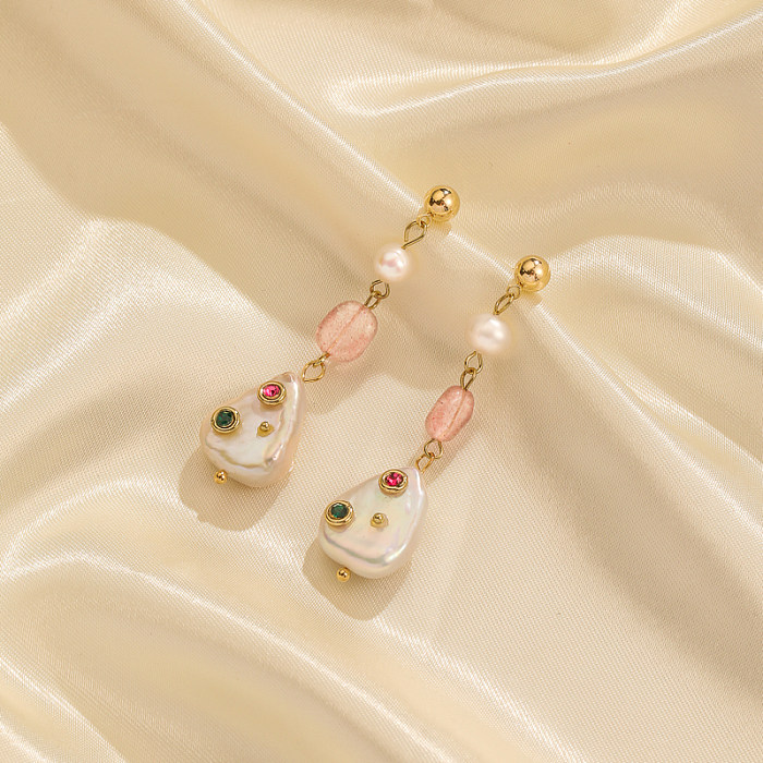 1 paire de boucles d'oreilles pendantes plaquées or 18 carats avec gouttelettes d'eau carrées rétro de style IG, incrustation en forme de cœur, imitation perle de cuivre, strass artificiels, zircone