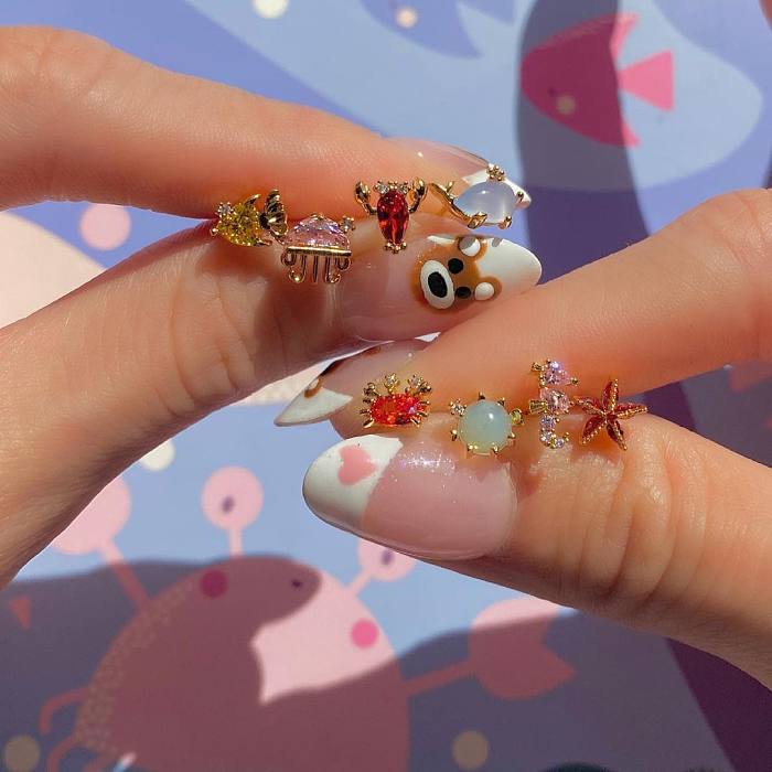 Wholesale Marine Series Earrings jewelry Seabed Small Animal Jewelry Gold-plated Color Zircon Cute Earrings
