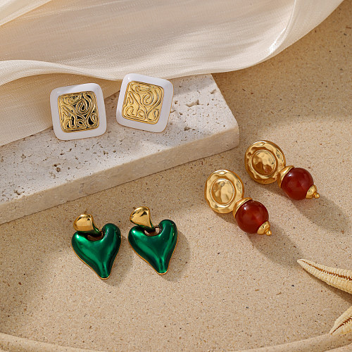 1 par elegante estilo vintage geométrico formato de coração esmaltado cobre 18K brincos banhados a ouro