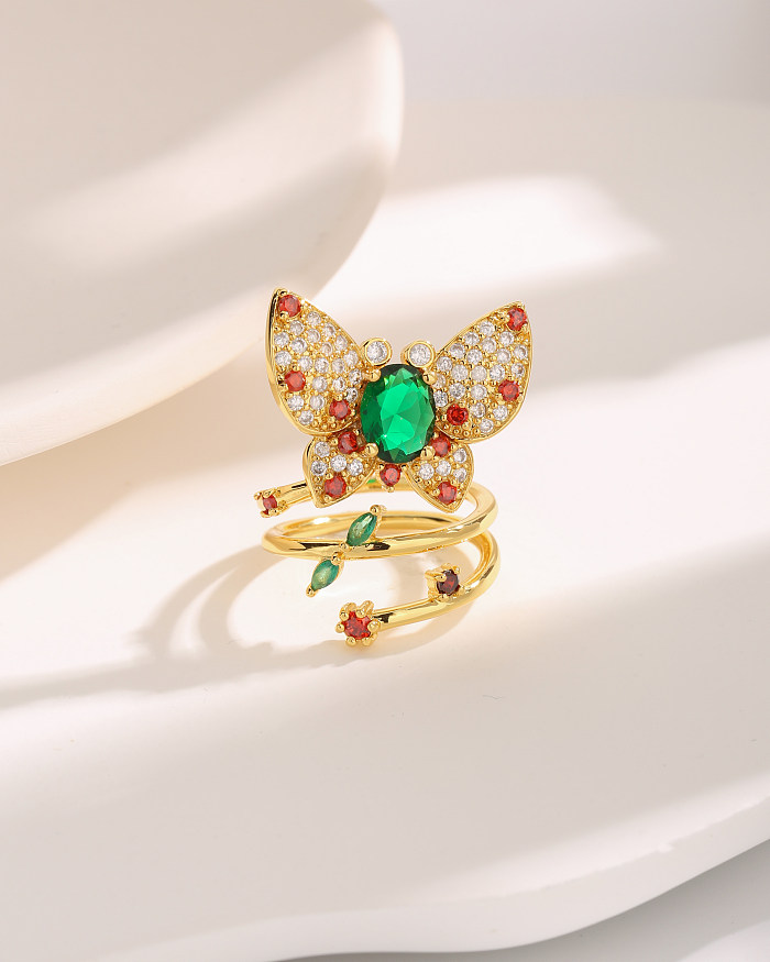 Elegant Vintage Style Butterfly Copper Plating Inlay Zircon 18K Gold Plated Open Rings