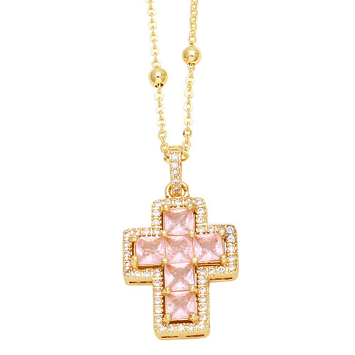 Elegante estilo simples cruz aço inoxidável cobre 18K colar com pingente de zircão banhado a ouro a granel