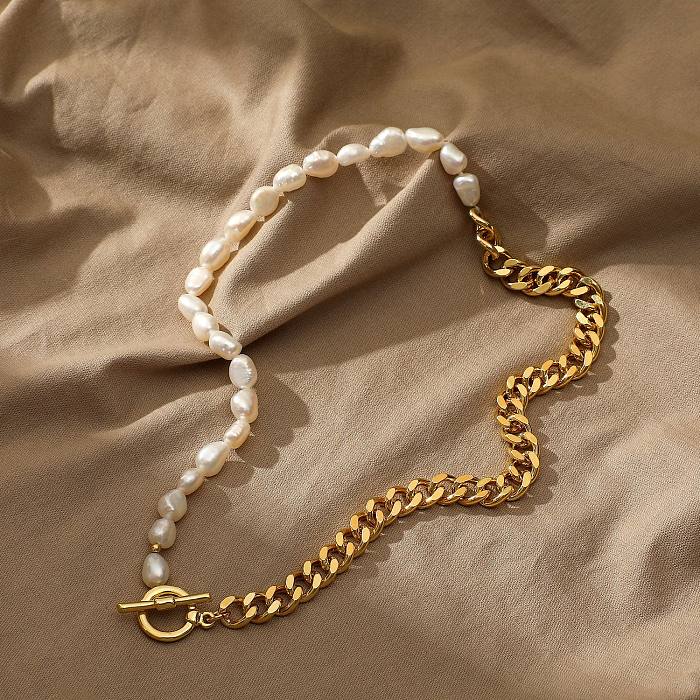 Simple Half Pearl Metal Splicing Chain Stainless Steel Necklace
