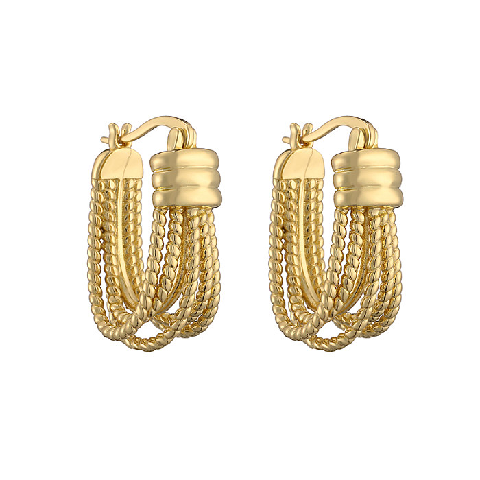 1 paire de boucles d'oreilles créoles en cuivre plaqué or 18 carats, Style français décontracté, feuilles, lignes torsadées