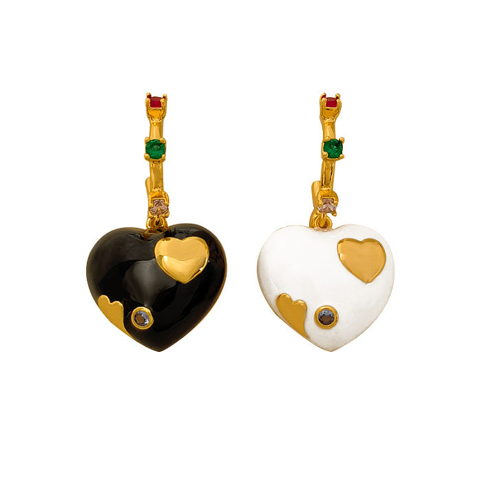 1 Pair Fashion Heart Shape Copper Enamel Zircon Drop Earrings