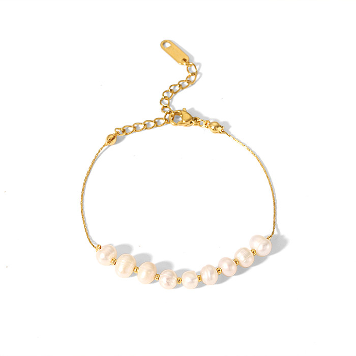 Lady Korean Style Geometric Stainless Steel Freshwater Pearl Plating 18K Gold Plated Bracelets Necklace