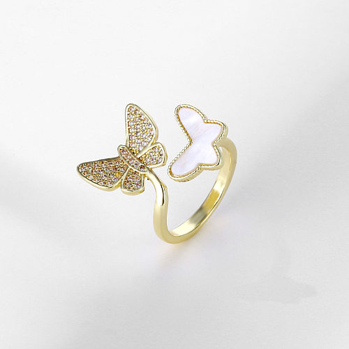 Anel aberto banhado a ouro com zircônia, estilo simples, estrela, forma de coração, borboleta, revestimento de cobre