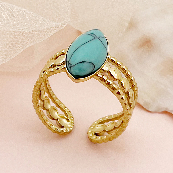 Classical Vintage Style Oval Stainless Steel Plating Inlay Natural Stone Gold Plated Open Rings
