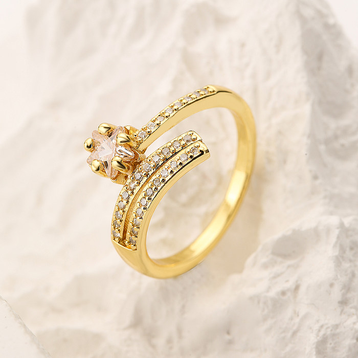 El estilo simple conmuta el anillo abierto del Zircon plateado oro redondo del cobre 18K de la flor en bulto