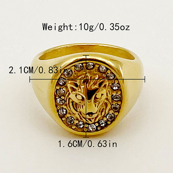 Retro Punk Ethnic Style Wolf Stainless Steel Plating Inlay Zircon Gold Plated Rings